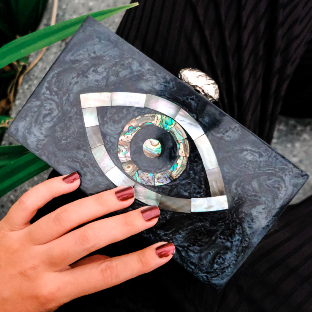 Black Evil Eye Bag, World In Your Eye Black Resin Bag, Selomenika