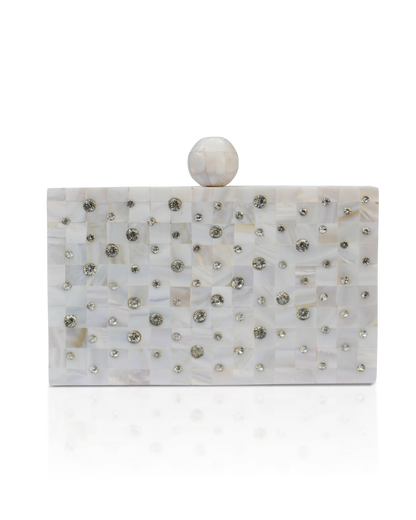 White clutch bag with decorative stones on a white background