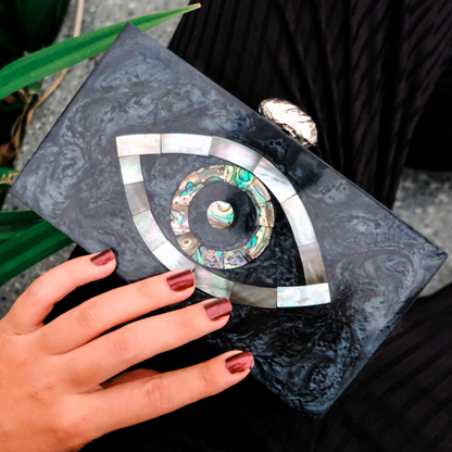 Black Evil Eye Bag, World In Your Eye Black Resin Bag, Selomenika